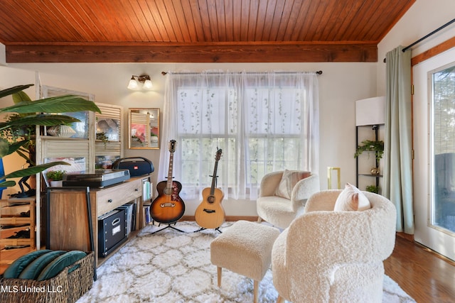 living area with beam ceiling, wooden ceiling, and wood-type flooring