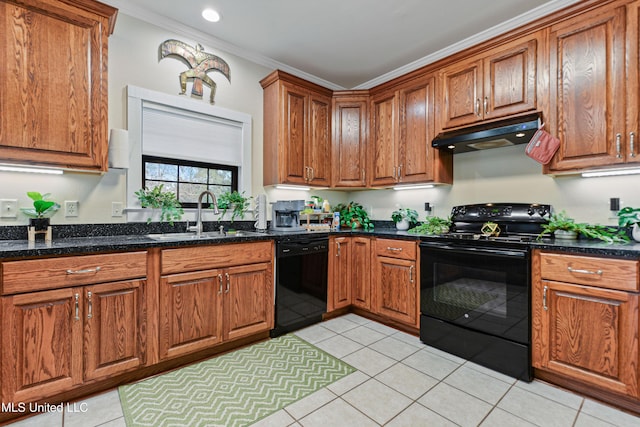 kitchen with crown molding, sink, light tile patterned floors, and black appliances