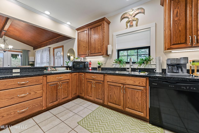 kitchen featuring sink, an inviting chandelier, black dishwasher, dark stone counters, and light tile patterned floors