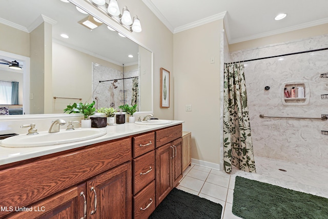 bathroom with tile patterned floors, a shower with curtain, and ornamental molding