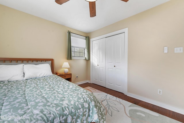 bedroom with a closet, ceiling fan, and hardwood / wood-style flooring