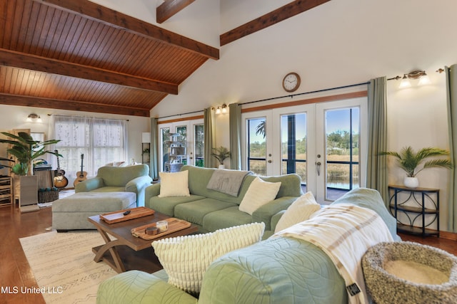 living room with french doors, wood ceiling, hardwood / wood-style flooring, high vaulted ceiling, and beamed ceiling