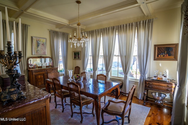 dining room featuring an inviting chandelier, crown molding, dark wood-type flooring, and coffered ceiling