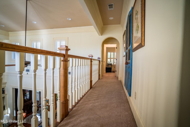 corridor with beamed ceiling, a healthy amount of sunlight, carpet floors, and crown molding