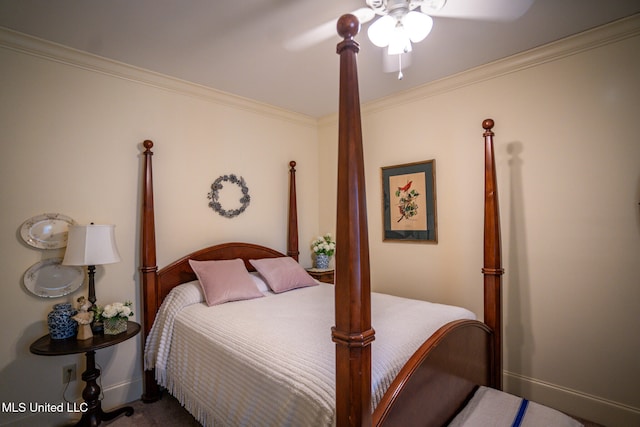 carpeted bedroom with ceiling fan and crown molding