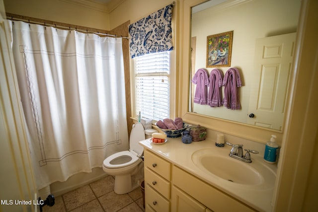 full bathroom with tile patterned floors, toilet, vanity, shower / tub combo, and ornamental molding