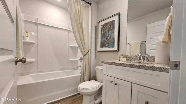 full bathroom with toilet, wood finished floors, vanity, and shower / bath combination with curtain