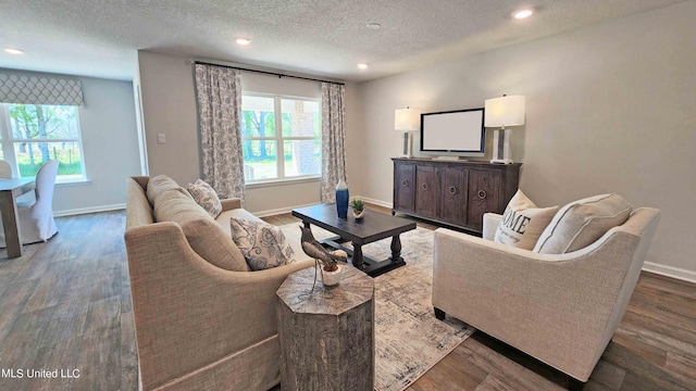 living room with baseboards, a textured ceiling, a healthy amount of sunlight, and wood finished floors