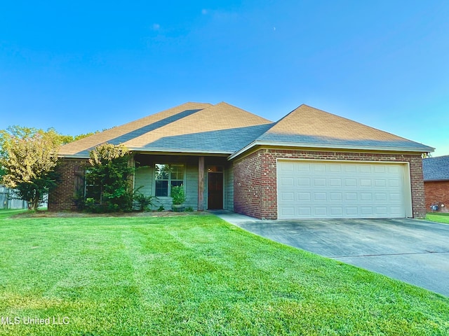 single story home with a front lawn and a garage