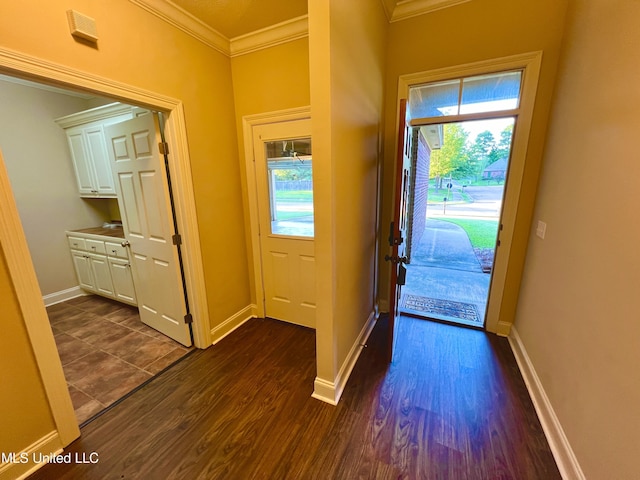 entryway with dark wood-type flooring and crown molding