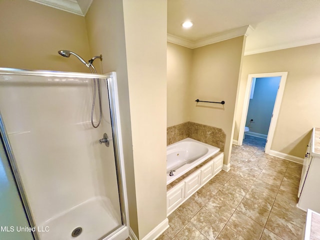 bathroom with toilet, independent shower and bath, and ornamental molding