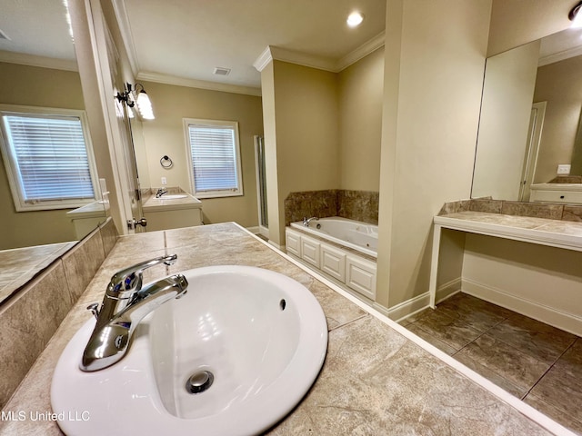 bathroom featuring vanity, ornamental molding, and a tub