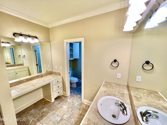 bathroom featuring toilet, vanity, a bathtub, and ornamental molding