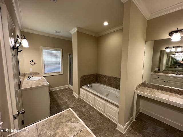 bathroom featuring a tub to relax in, vanity, tile patterned flooring, and crown molding