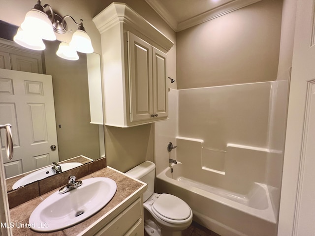 full bathroom with toilet, an inviting chandelier, shower / tub combination, ornamental molding, and vanity