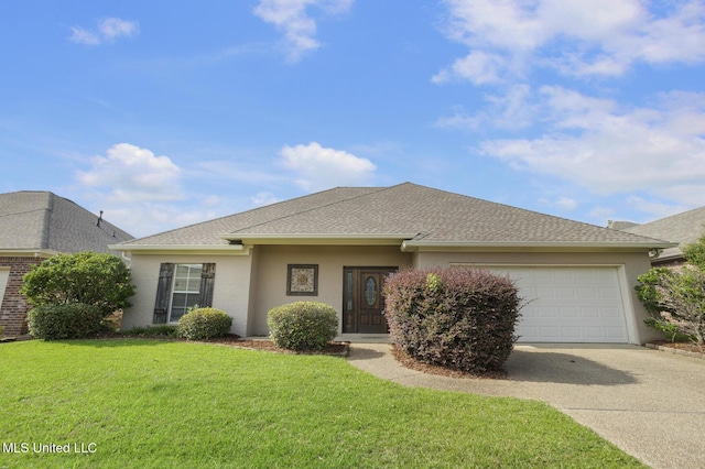153 Regatta Dr, Brandon, MS 39047 - view of front of property with concrete driveway, a garage, a front yard, stucco siding, and roof with shingles