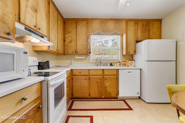 kitchen with ceiling fan, light tile patterned flooring, white appliances, and sink