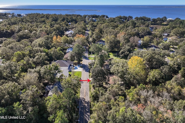 drone / aerial view featuring a water view