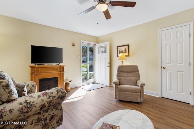 living room with ceiling fan and wood-type flooring