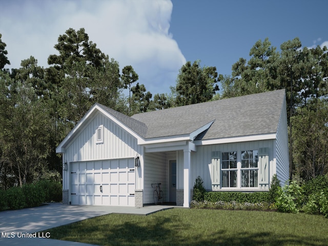 9668 W Oaklawn Rd, Biloxi, MS 39532 - view of front facade featuring an attached garage, board and batten siding, a front yard, and roof with shingles