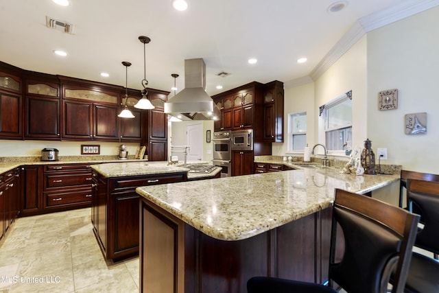 kitchen with island range hood, a sink, visible vents, a peninsula, and crown molding