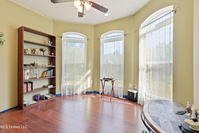 interior space with wood finished floors and a ceiling fan