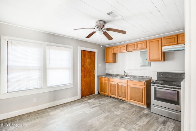 kitchen featuring wood ceiling, stainless steel electric stove, ceiling fan, light wood-type flooring, and sink