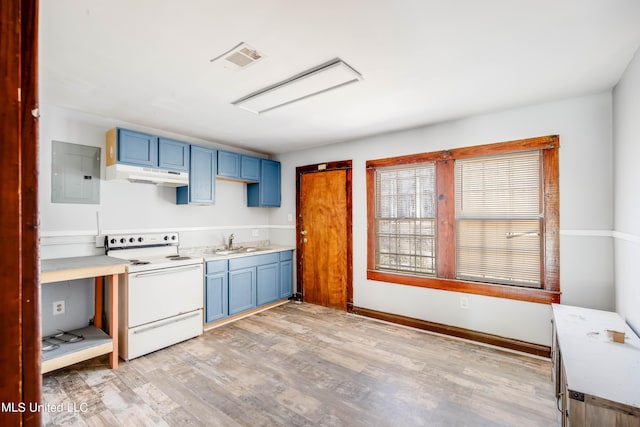 kitchen featuring light hardwood / wood-style flooring, electric panel, sink, and electric range