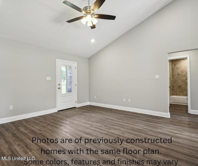 interior space with ceiling fan, high vaulted ceiling, and dark hardwood / wood-style flooring