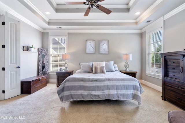 bedroom with light carpet, multiple windows, ornamental molding, and ceiling fan