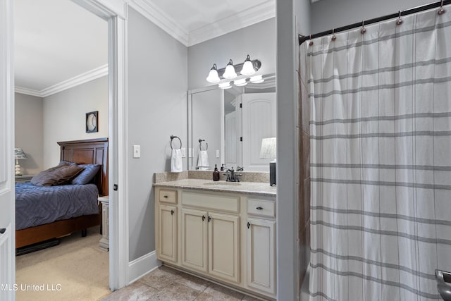 bathroom with vanity, toilet, ornamental molding, and a shower with curtain