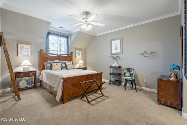 carpeted bedroom with crown molding and ceiling fan