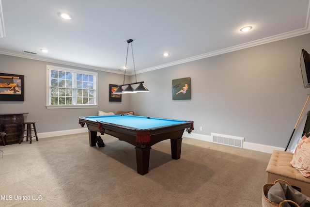 recreation room featuring light carpet, ornamental molding, and pool table