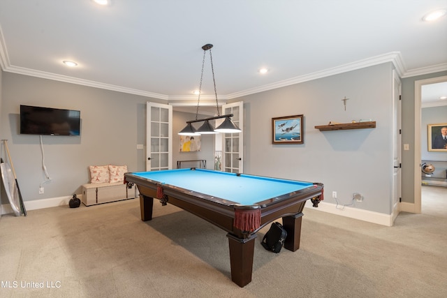 game room with pool table, crown molding, french doors, and light colored carpet