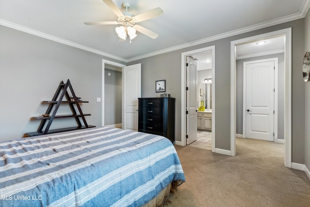 bedroom with light colored carpet, ceiling fan, ornamental molding, and ensuite bath