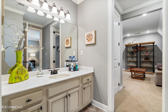 bathroom with vanity and crown molding