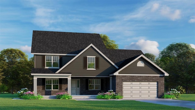 view of front of property featuring a front yard, covered porch, concrete driveway, and roof with shingles