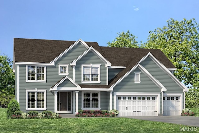 1 Hadleigh, Windsor Park, Lake St Louis, MO 63367 - traditional-style house featuring driveway, a front yard, a garage, and roof with shingles