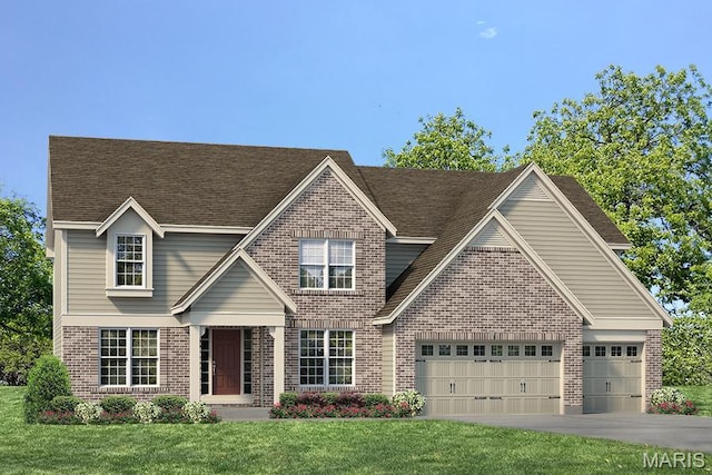 1 Hadleigh, Windsor Park, Lake St Louis, MO 63367 - traditional home featuring brick siding, an attached garage, driveway, a front lawn, and a shingled roof