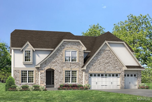 1 Hadleigh, Windsor Park, Lake St Louis, MO 63367 - view of front of house with an attached garage, brick siding, a front lawn, driveway, and roof with shingles