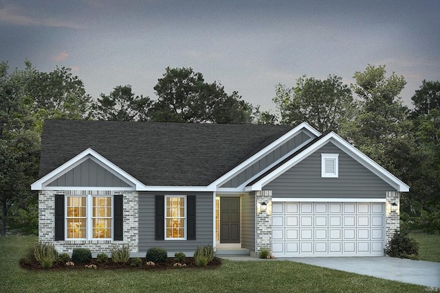 1 Rockport Smt, At Park Hill, Troy, MO 63379 - view of front of house featuring an attached garage, board and batten siding, driveway, a front yard, and roof with shingles