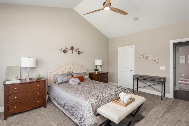 bedroom with carpet floors, baseboards, high vaulted ceiling, and a ceiling fan