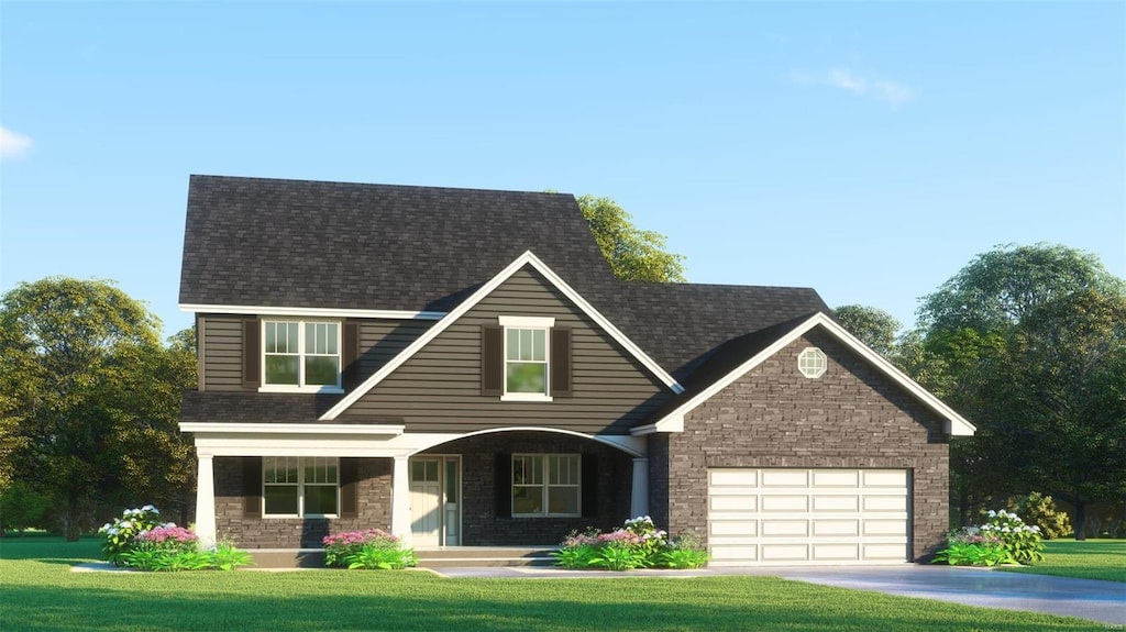 view of front of property featuring stone siding, a porch, a front lawn, driveway, and a garage