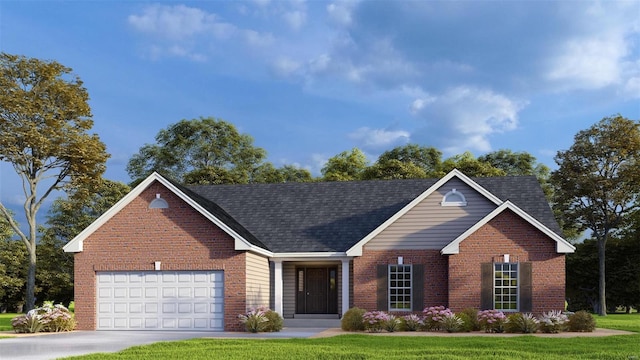 view of front of home featuring brick siding, an attached garage, concrete driveway, and a front yard