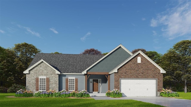 view of front of property with a garage, a front yard, driveway, and stone siding