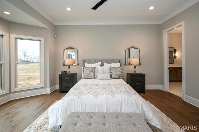 712 Silver Buck Ln, Chesterfield, MO 63005 - bedroom with ornamental molding, wood finished floors, recessed lighting, ensuite bathroom, and a ceiling fan