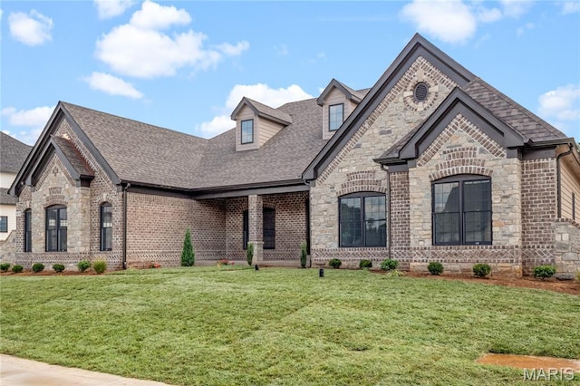 724 Silver Buck Ln, Chesterfield, MO 63005 - view of front of home with stone siding, a shingled roof, a front lawn, and brick siding