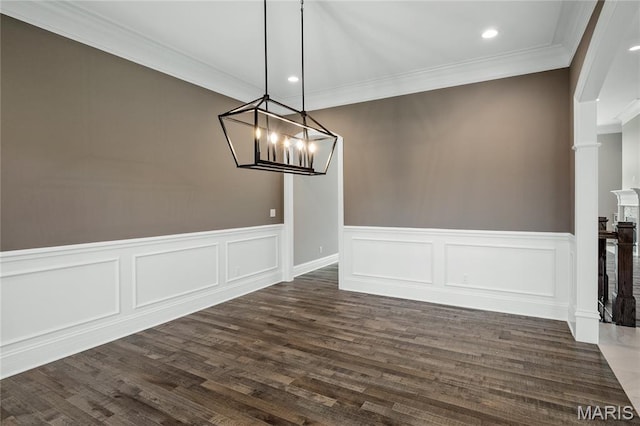 724 Silver Buck Ln, Chesterfield, MO 63005 - unfurnished dining area featuring a chandelier, ornamental molding, a wainscoted wall, dark wood-style floors, and recessed lighting