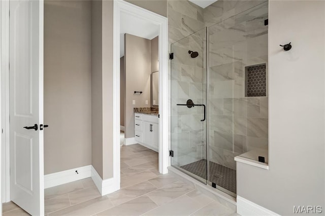 724 Silver Buck Ln, Chesterfield, MO 63005 - full bath with a stall shower, vanity, and marble look tiles