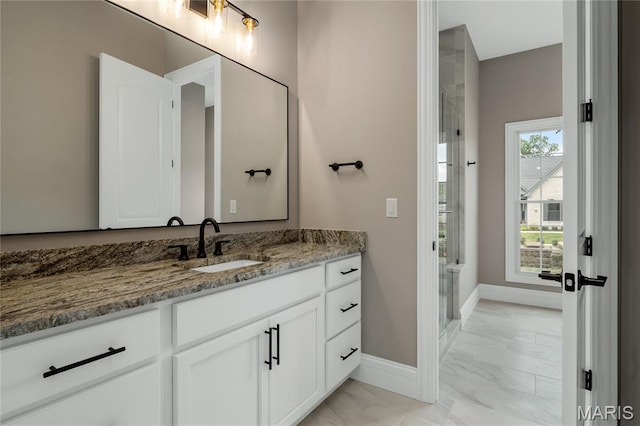 724 Silver Buck Ln, Chesterfield, MO 63005 - full bathroom with marble finish floors, vanity, and a shower with shower door
